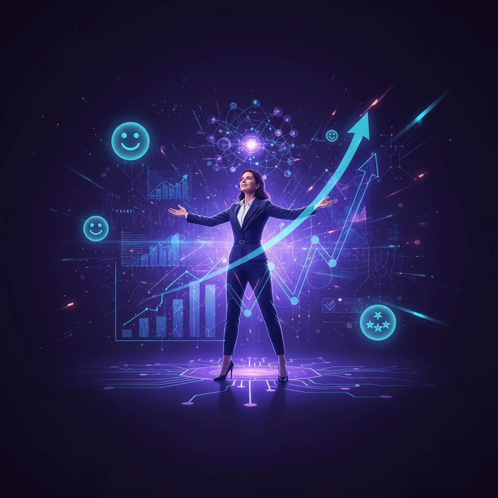 A wide isometric view of a small business operations hub rendered in deep purple and electric blue gradients, showing interconnected glowing nodes representing different business functions — CRM, email, inventory, support — all linked by flowing cyan data streams. The scene is cinematic and widescreen, lit from within by pulsing light sources, conveying a sense of intelligent systems working in seamless harmony. The perspective is slightly elevated, giving a commanding, strategic overview of the entire automated ecosystem.