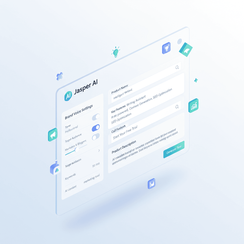 Isometric 3D illustration of a modern ecommerce dashboard floating in a clean white space, with AI-powered widgets showing customer behavior graphs, product recommendation cards, and automated email flows. Soft blue and green accent colors illuminate the floating UI panels with glassmorphism effects, casting gentle shadows below. The scene conveys intelligent automation at scale, with small robot icons assisting a human merchant figure in the center foreground.