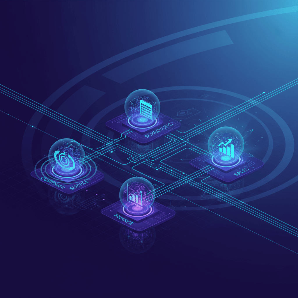 Isometric wide-angle visualization of a small business operations center rendered in deep purple and electric blue, where glowing cyan data streams flow between interconnected nodes representing departments — customer service, finance, scheduling, and sales — each node pulsing with autonomous AI activity, no human figures present, cinematic lighting with dramatic gradient mesh background suggesting scale and momentum.