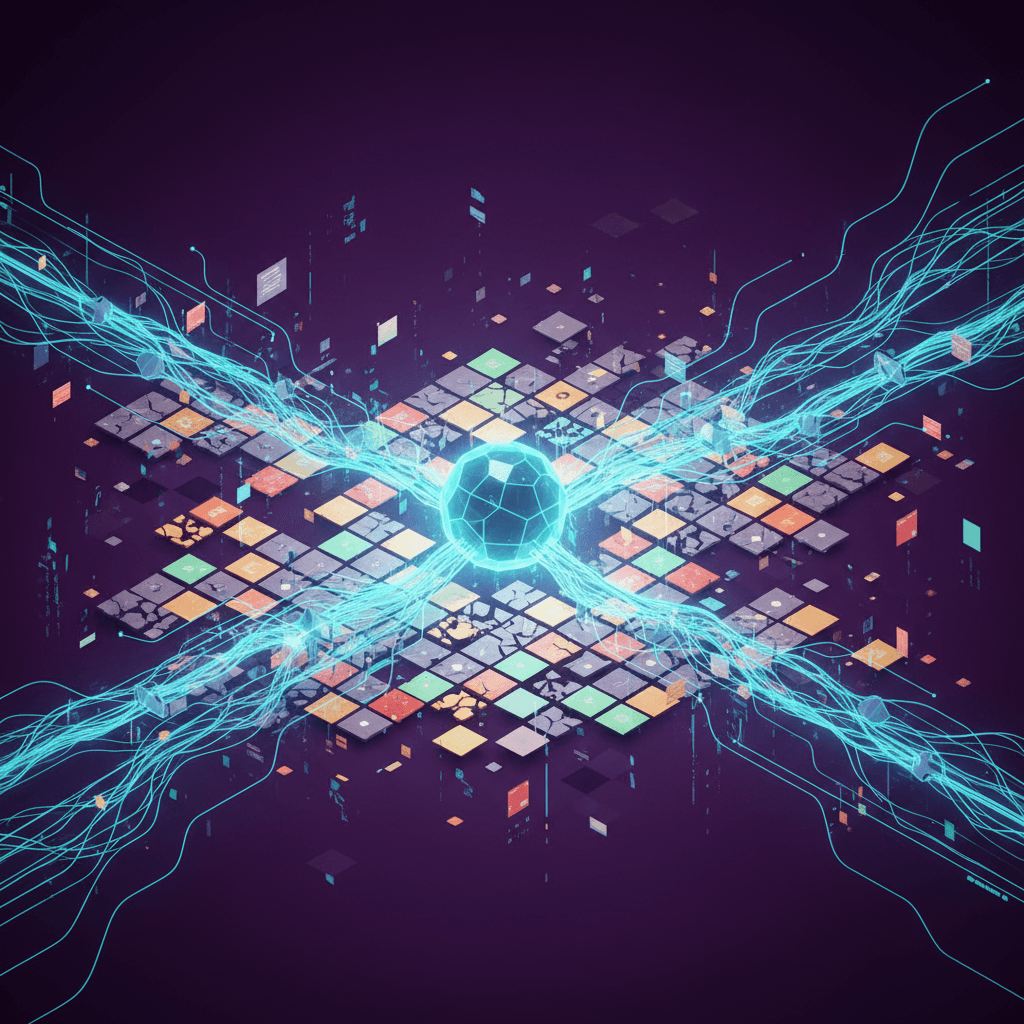 A sweeping isometric visualization of a fragmented SaaS ecosystem — dozens of colorful software tiles arranged in a chaotic grid — being gradually consumed and reorganized by flowing electric-blue neural network tendrils converging into a single luminous AI agent node at the center. Deep purple background with cyan accent lighting creates a cinematic, high-stakes atmosphere suggesting transformation at scale.