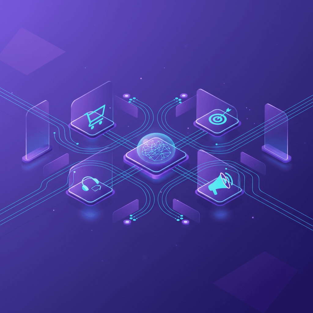 A futuristic, abstract data visualization showing interconnected nodes representing various stages of e-commerce operations. In an isometric perspective, deep purple and electric blue lines flow around digital icons symbolizing product management, customer support, and marketing. The mood is dynamic and futuristic, highlighting the potential of AI integration.