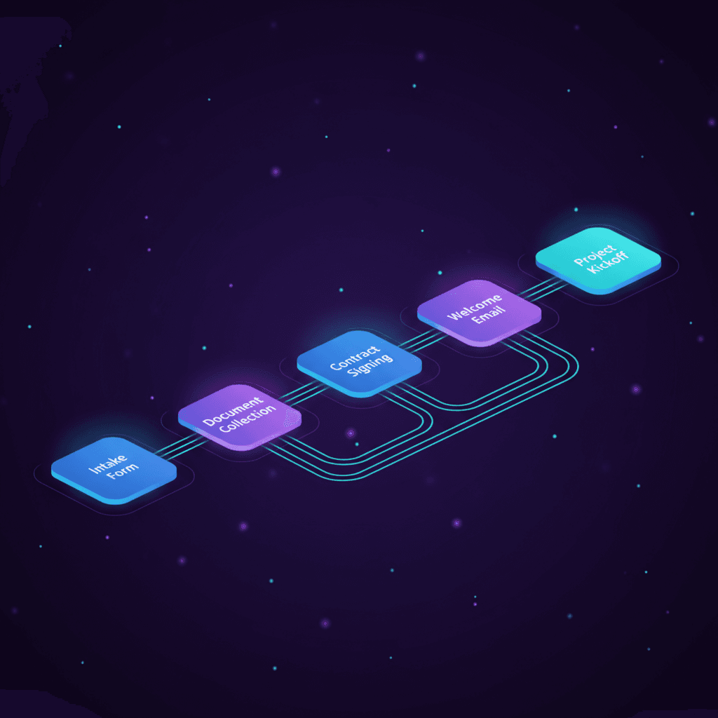 A widescreen isometric visualization of a digital onboarding pipeline rendered in deep purple and electric blue gradients. Flowing cyan data streams connect sequential process nodes — intake form, document collection, contract signing, welcome email, and project kickoff — each glowing with soft light against a dark background. The composition conveys momentum, precision, and scale, evoking a high-throughput automated workflow operating without human intervention.
