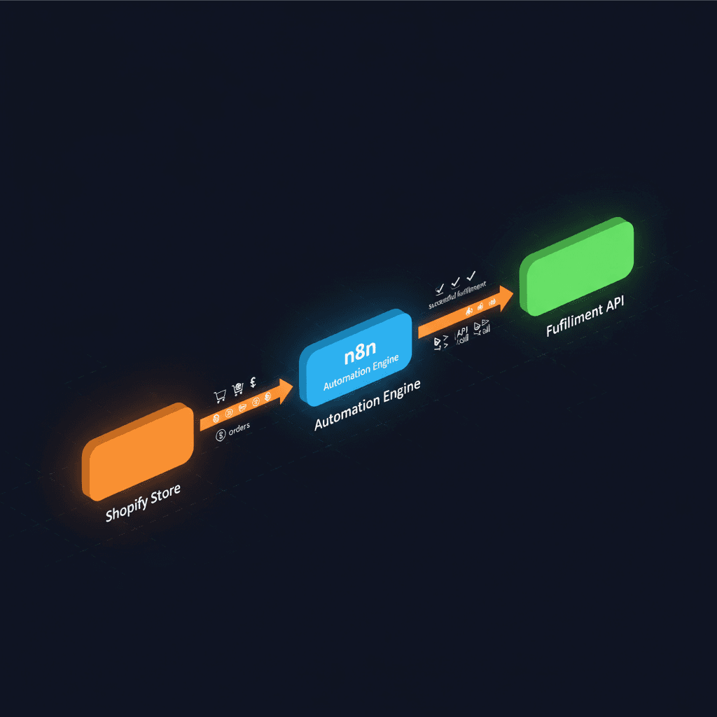 An isometric workflow architecture diagram on a dark navy background showing three connected nodes labeled