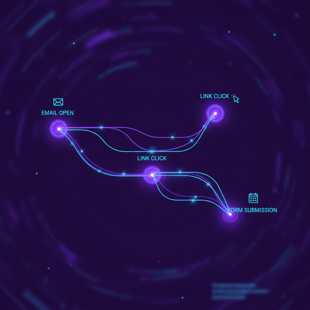 An isometric, widescreen visualization of a small business CRM dashboard glowing in deep purple and electric blue, with cyan data streams flowing between contact cards, deal stages, and automated workflow nodes. Floating above the dashboard are real-time sync indicators and AI scoring badges, all interconnected by luminous gradient lines. The mood is urgent yet controlled — a command center for a business running at full automation capacity.