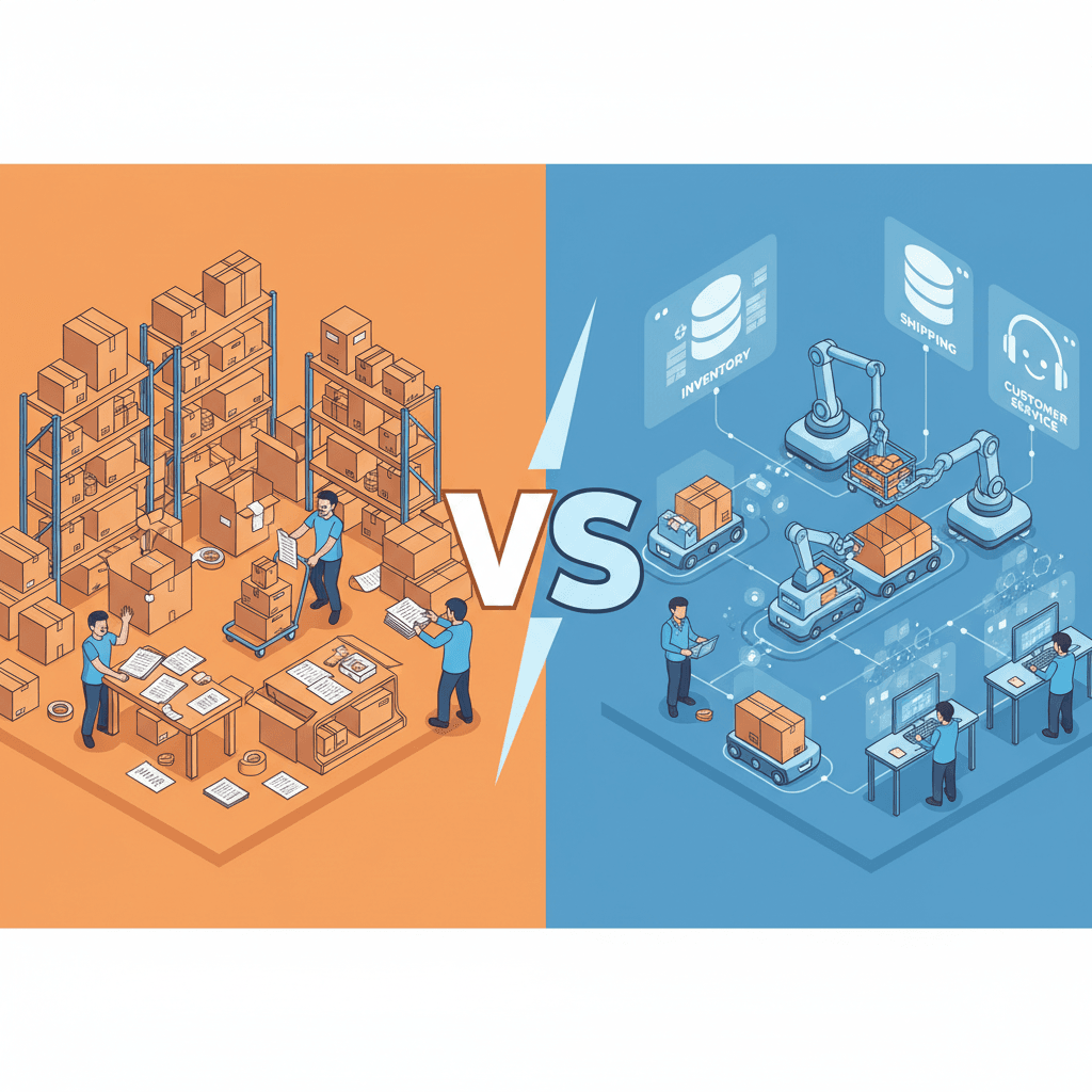 A split-screen isometric illustration showing two parallel ecommerce operations side by side — on the left, a cluttered warehouse with manual paper processes and stressed workers under warm orange lighting; on the right, a sleek automated fulfillment center with glowing blue workflow nodes connecting inventory, shipping, and customer service touchpoints. Clean infographic style with a bold VS divider in the center, contrasting warm orange and cool blue color palettes.