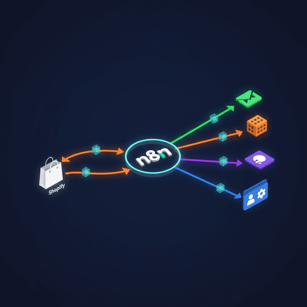 An isometric diagram on a dark navy background showing a connected workflow pipeline: a Shopify storefront icon on the left feeding arrows into a central n8n logo node, which then branches into four colored destination nodes — a green Gmail envelope, an orange Google Sheets grid, a purple Slack logo, and a blue CRM card. Bright orange and teal connector lines link each node with small data packet icons traveling along them. The mood is technical, clean, and energetic, evoking a well-oiled automation machine.