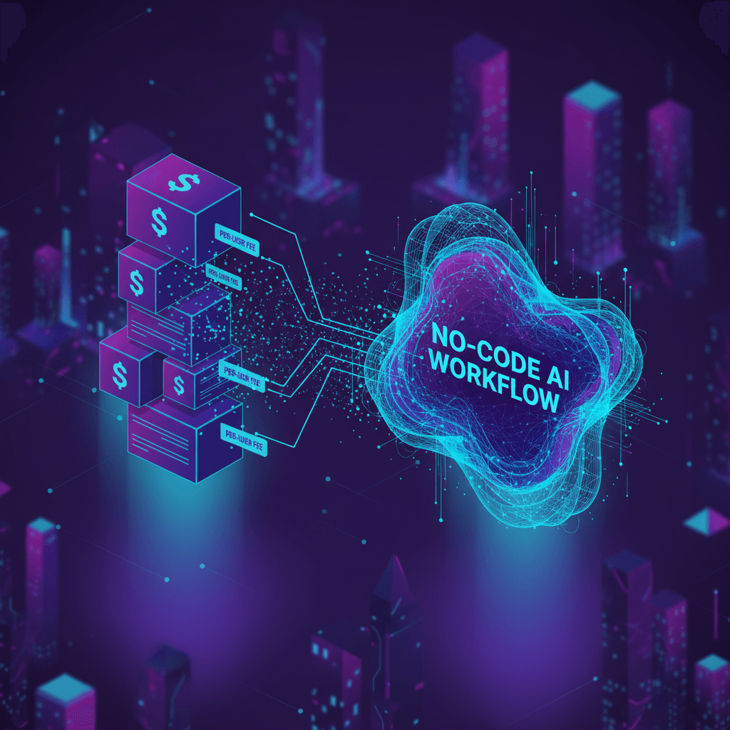 A cinematic widescreen isometric visualization of a traditional SaaS stack — multiple glowing subscription software boxes stacked in a tower, each labeled with dollar signs and per-user fee tags, dissolving from left to right into a single flowing no-code AI workflow node. Deep purple and electric blue color palette with cyan accent lines connecting the nodes. The mood is transformative and slightly urgent, lit from below with dramatic gradient lighting.