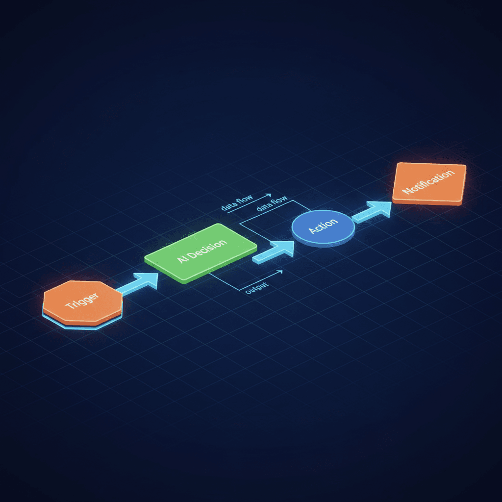 A wide isometric diagram on a dark navy background showing a multi-step AI workflow pipeline. Bright orange, green, and blue connected nodes flow left to right with labeled arrows: