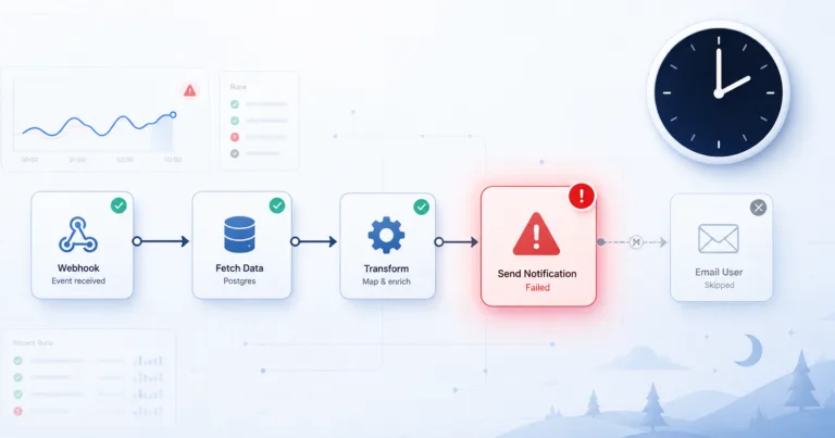 An automation workflow with one failed step, at 2am