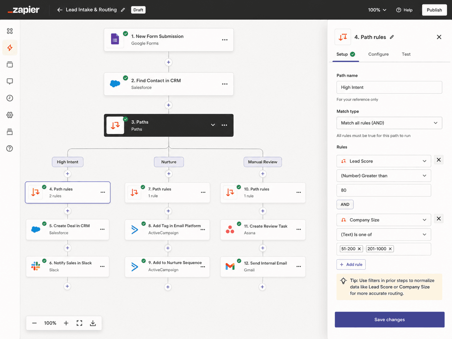 Zapier Zap editor showing a complex Paths branching workflow that requires full rebuild when migrating to n8n