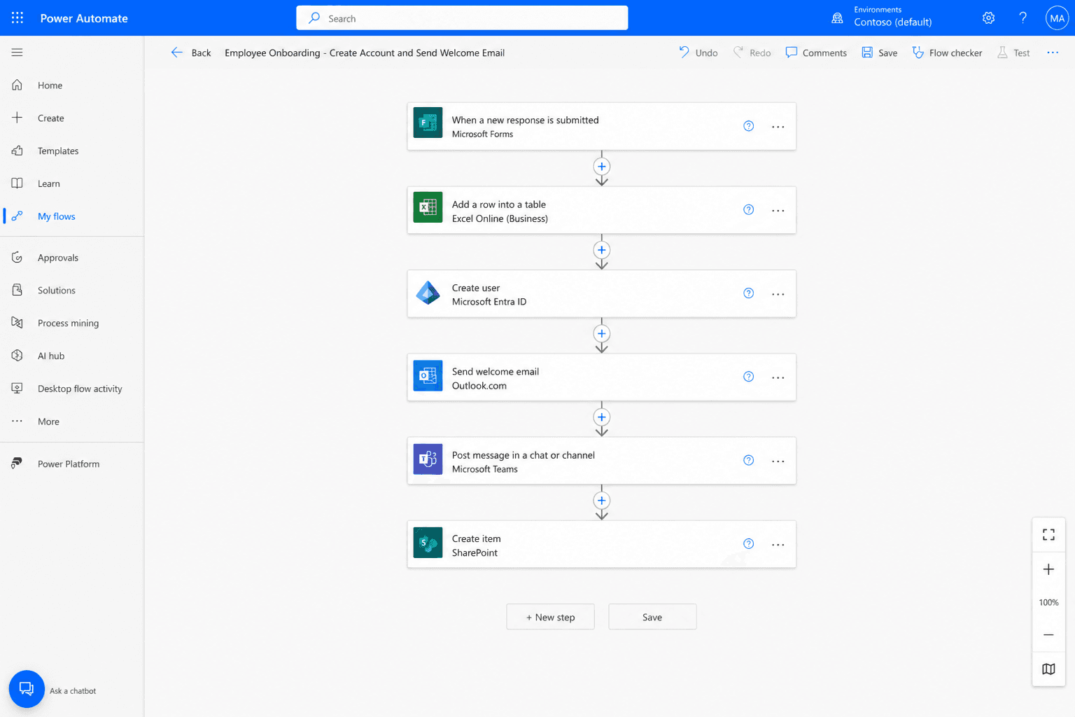 Microsoft Power Automate cloud flow connecting Microsoft 365 apps