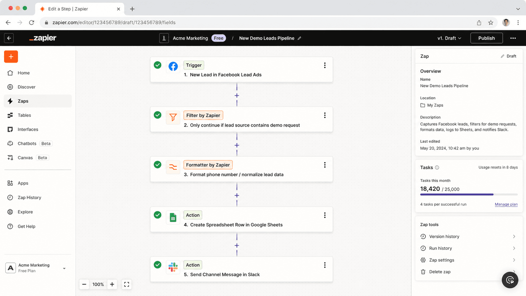 Zapier multi-step Zap where filter and formatter steps each count as billable tasks