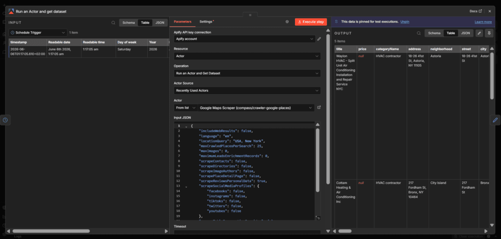 Apify Google Maps node output in n8n listing HVAC businesses with name, phone, website, and review count.