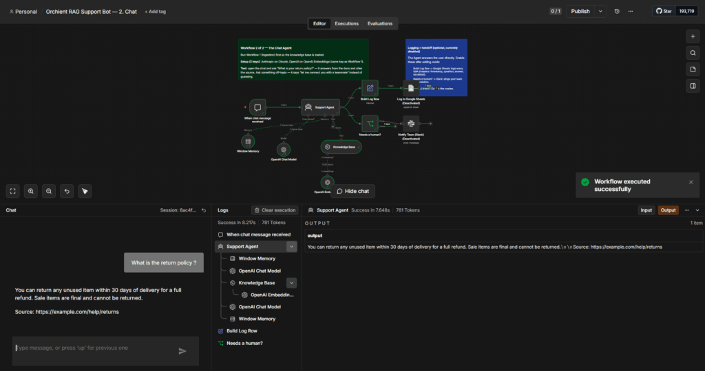 a real workflow screenshot the RAG support bot on the n8n canvas