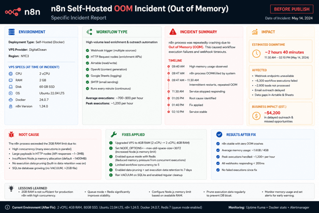 Specific n8n self-hosted OOM incident — VPS specs, workflow type, estimated downtime, fix applied. Supply before publish.