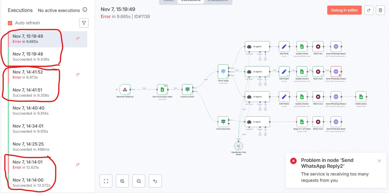 n8n execution log showing failed and successful runs, with a rate-limit error on a WhatsApp node
