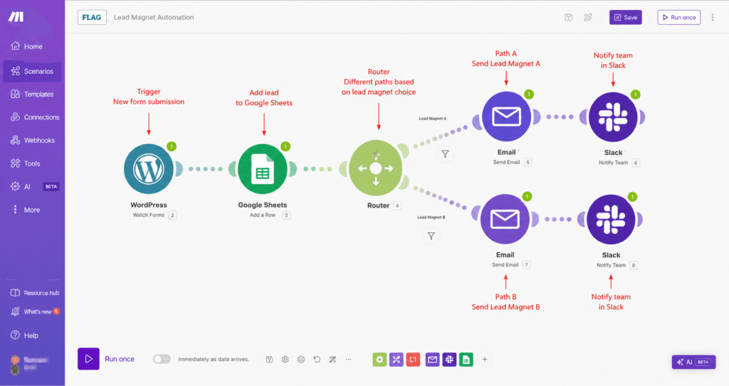 Make scenario builder showing connected modules and a router