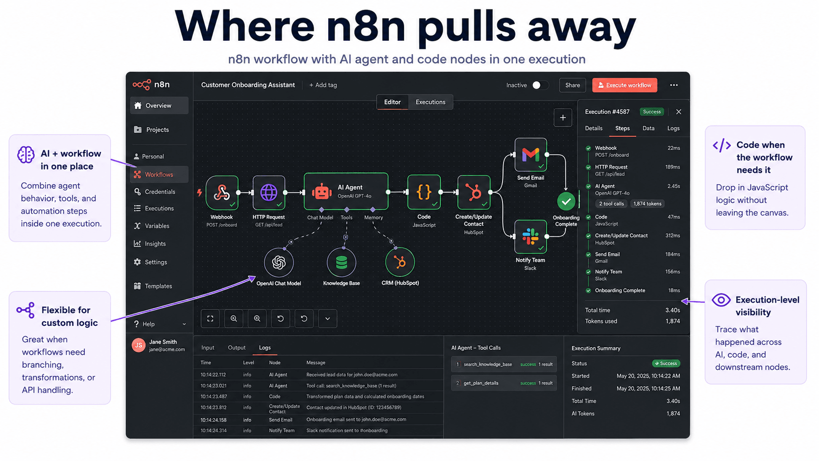 n8n workflow with AI agent and code nodes in one execution