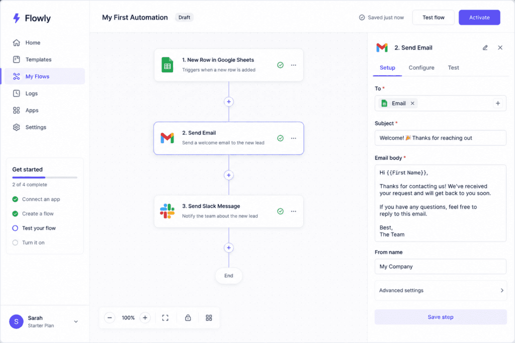 a screenshot of editing a template or a first simple automation.