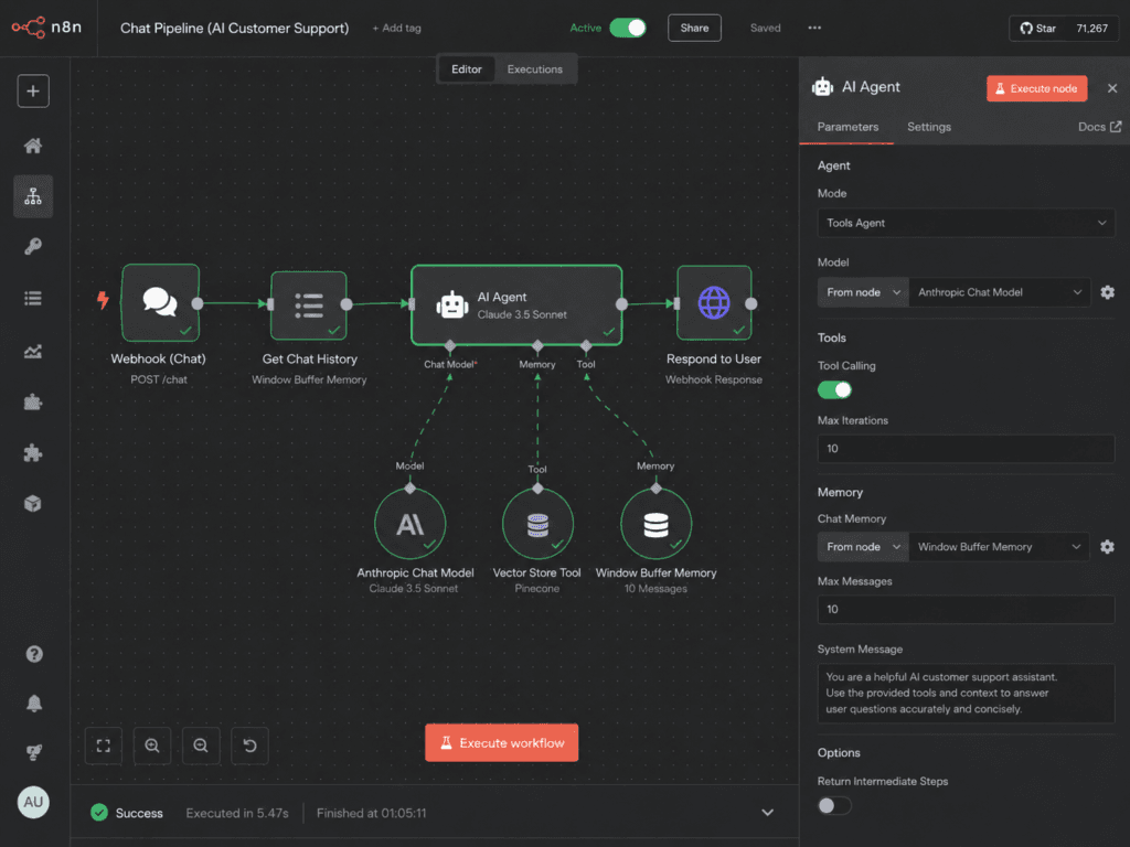 n8n AI Agent node configured with an Anthropic Claude chat model, a vector store retrieval tool, and conversation memory.