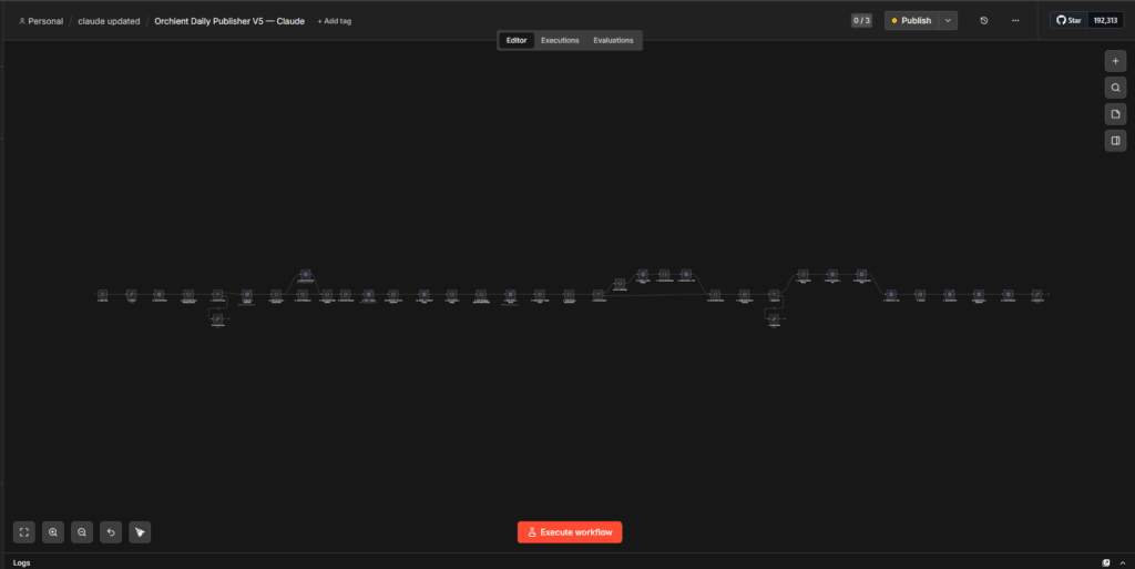 38-node n8n daily publishing workflow from schedule trigger to WordPress with a quality gate