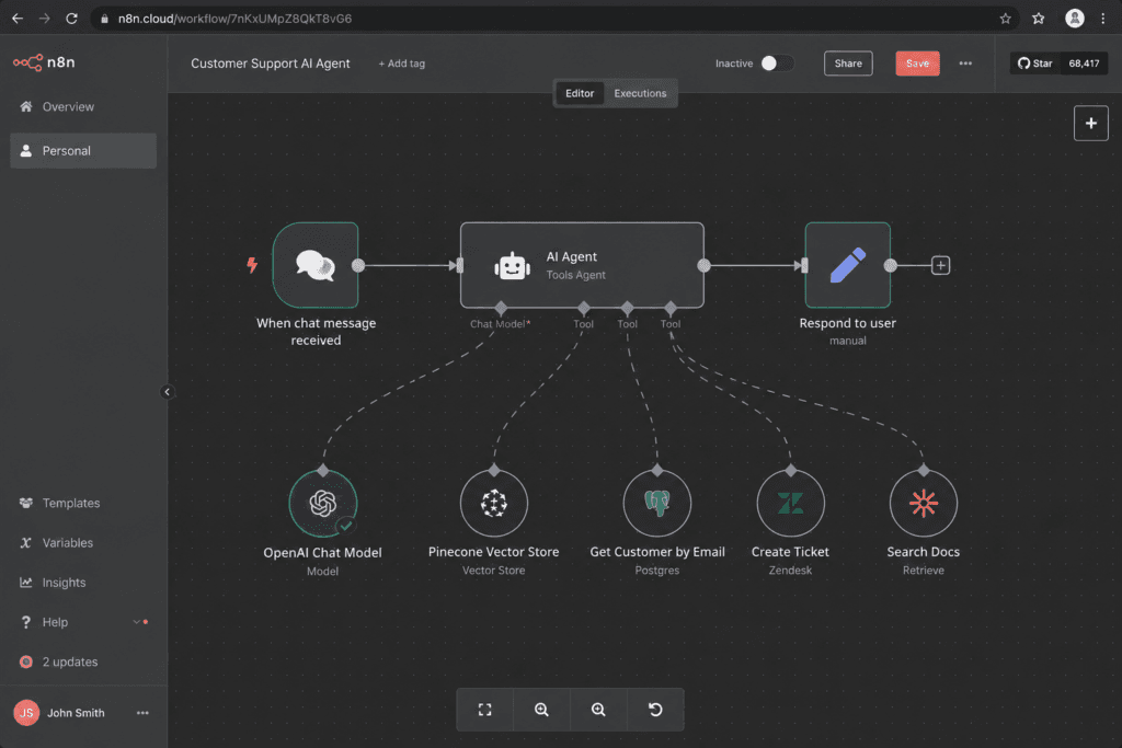 n8n AI agent workflow on the canvas with a model node and connected tool nodes.