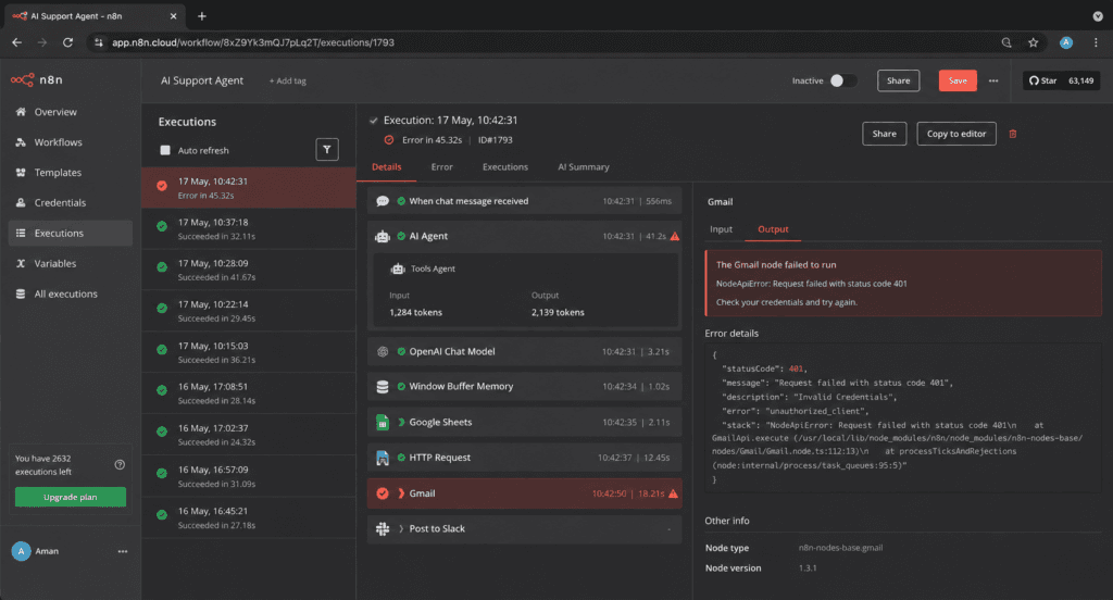 n8n execution log showing agent run steps, token usage, timing, and an error output from a production workflow