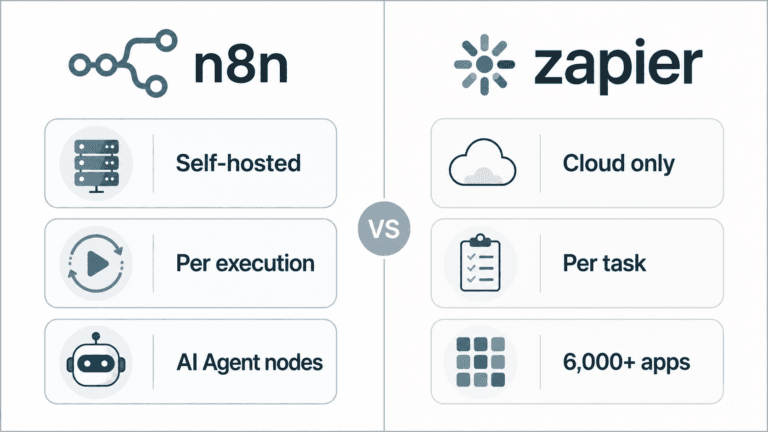 "n8n vs Zapier side-by-side comparison diagram showing workflow canvas, pricing model, and key feature differences