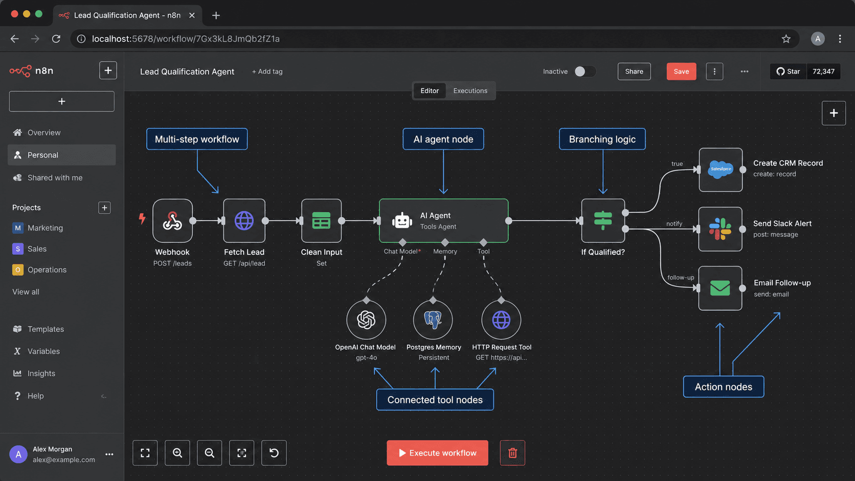n8n workflow canvas with an AI agent node and multiple steps in a single execution