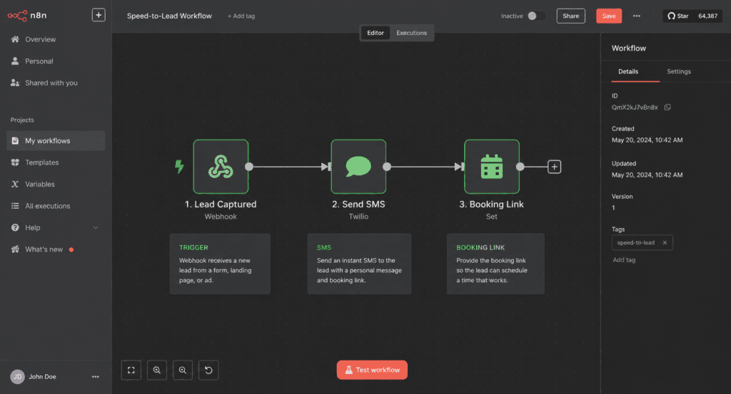 the speed-to-lead workflow (trigger → SMS → booking link).